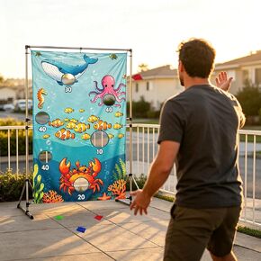 Ocean Toss Game Birthday Party Supplies Bean Bag Toss Game for Adults, Washable Heavy Duty Outdoor Indoor Throwing Theme Party Game Banner with 3 Bean Bags and 19.6ft String in Saudi Arabia