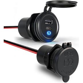 منفذ USB 12 فولت مع مفتاح وLED أزرق - شاحن سيارة 30 وات من النوع C و18 وات QC3.0 - مقبس USB مزدوج سريع من الألومنيوم، بديل ولاعة السجائر المقاومة للماء للمركبات الترفيهية والقوارب والشاحنات والتخييم (قطعة واحدة) in Kuwait