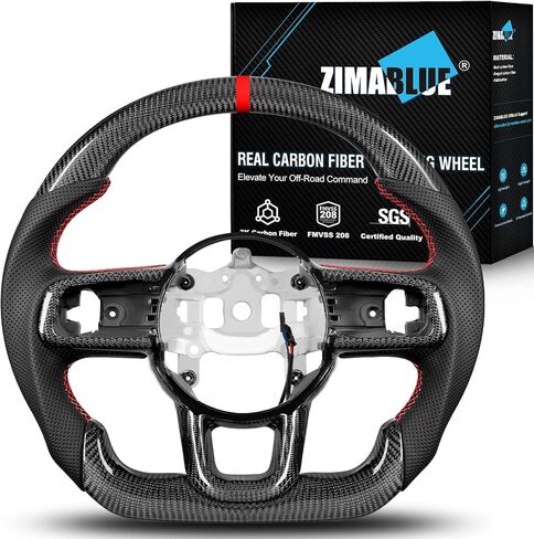عجلة قيادة ZIMABLUE من ألياف الكربون 3K ساخنة على شكل D لسيارة Jeep Wrangler JL JLU 2018-2026 & Gladiator JT 2020-2026، شريط أزرق عميق، غطاء حواف من الكربون in Kuwait