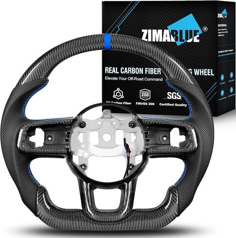 عجلة قيادة ZIMABLUE من ألياف الكربون 3K ساخنة على شكل D لسيارة Jeep Wrangler JL JLU 2018-2026 & Gladiator JT 2020-2026، شريط أزرق عميق، غطاء حواف من الكربون in Kuwait