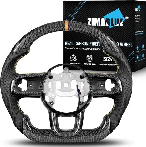 عجلة قيادة ZIMABLUE من ألياف الكربون 3K ساخنة على شكل D لسيارة Jeep Wrangler JL JLU 2018-2026 & Gladiator JT 2020-2026، شريط أزرق عميق، غطاء حواف من الكربون in Kuwait