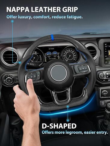 عجلة قيادة ZIMABLUE من ألياف الكربون 3K ساخنة على شكل D لسيارة Jeep Wrangler JL JLU 2018-2026 & Gladiator JT 2020-2026، شريط أزرق عميق، غطاء حواف من الكربون in Kuwait
