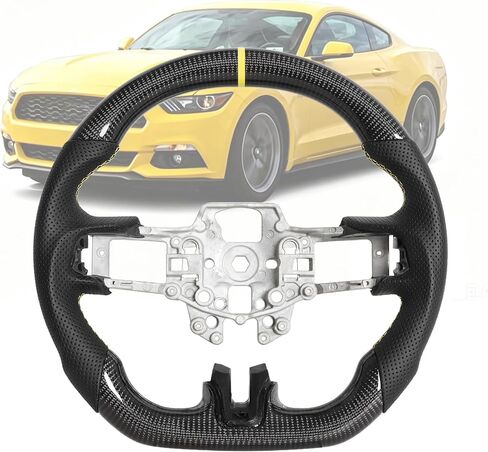 Carbon Fiber Steering Wheel for Ford Mustang 2015-2017 Yellow Center Stripe & Stitching D-Shape Steering Wheel with Nappa Perforated Ergonomic Grip for Mustang EcoBoost/GT/V6/Shelby GT350/GT350R in Saudi Arabia