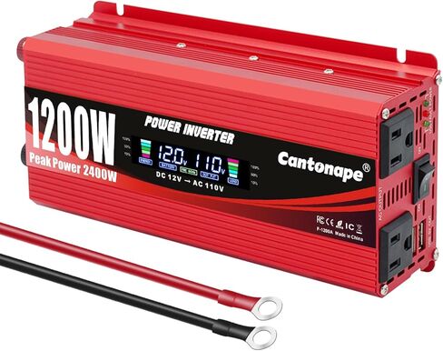 Cantonape 1200W محول طاقة السيارة DC 12V إلى 110V/120V محول تيار متردد مع شاشة LCD ومنافذ تيار متردد مزدوجة وشاحن سيارة USB مزدوج للسيارة والتخييم والكمبيوتر المحمول والشاحنة الحمراء in Kuwait