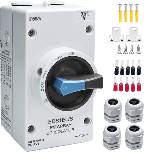 Solar Disconnect Switch 4-Pole DC 1500V 32A Isolator Solar Switch with Enclosure for Rooftop Solar Systems, RVs Waterproof IP66 Red in Kuwait