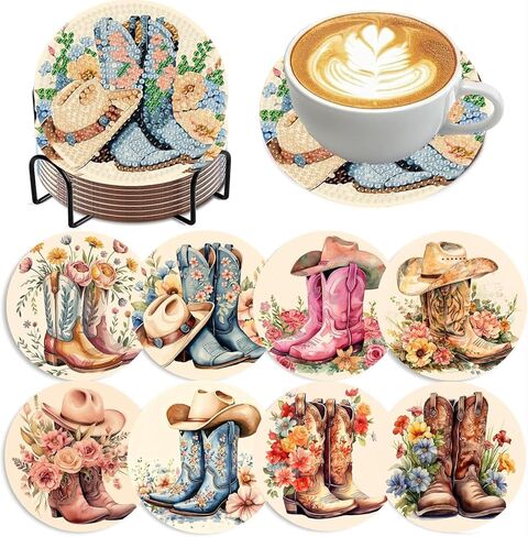 8 Pcs Cowboy Boots Diamond Art Coaster Kits for Adults Beginner, Flower Diamond Painting Coasters Kits with Holder Cork Pads, DIY Gem Arts and Crafts Coasters Supplies for Home and Holiday Decor in Saudi Arabia