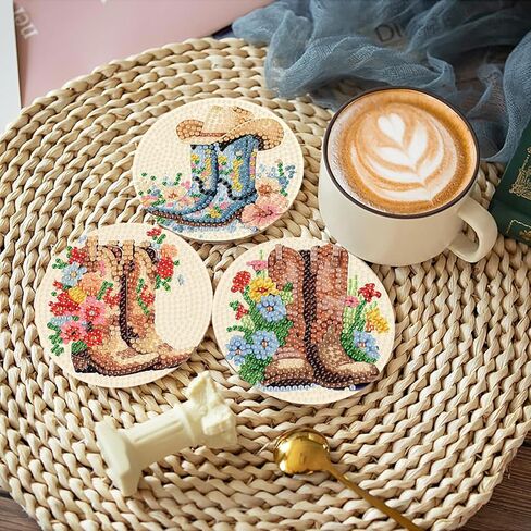 8 Pcs Cowboy Boots Diamond Art Coaster Kits for Adults Beginner, Flower Diamond Painting Coasters Kits with Holder Cork Pads, DIY Gem Arts and Crafts Coasters Supplies for Home and Holiday Decor in Saudi Arabia