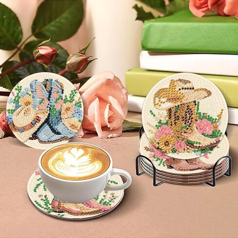 8 Pcs Cowboy Boots Diamond Art Coaster Kits for Adults Beginner, Flower Diamond Painting Coasters Kits with Holder Cork Pads, DIY Gem Arts and Crafts Coasters Supplies for Home and Holiday Decor in Saudi Arabia