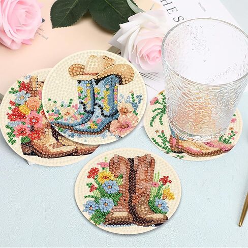 8 Pcs Cowboy Boots Diamond Art Coaster Kits for Adults Beginner, Flower Diamond Painting Coasters Kits with Holder Cork Pads, DIY Gem Arts and Crafts Coasters Supplies for Home and Holiday Decor in Saudi Arabia