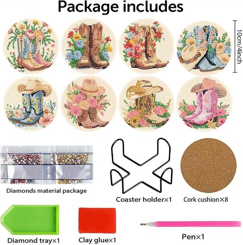 8 Pcs Cowboy Boots Diamond Art Coaster Kits for Adults Beginner, Flower Diamond Painting Coasters Kits with Holder Cork Pads, DIY Gem Arts and Crafts Coasters Supplies for Home and Holiday Decor in Saudi Arabia