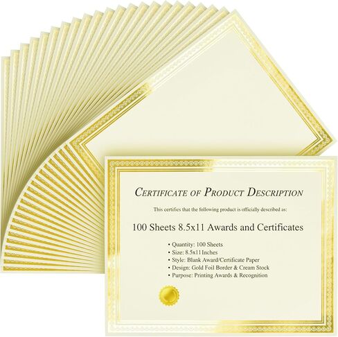 Paper Junkie 100 Pack Bulk Award Certificate Paper - Blank Certificate Paper 8.5 x 11 for Printing - Thick Matte Ivory Cardstock Diploma Papers for Certificates of Appreciation with Gold Foil Border in Saudi Arabia