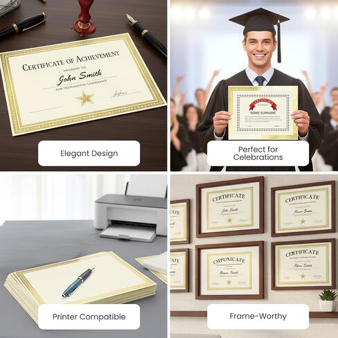 Paper Junkie 100 Pack Bulk Award Certificate Paper - Blank Certificate Paper 8.5 x 11 for Printing - Thick Matte Ivory Cardstock Diploma Papers for Certificates of Appreciation with Gold Foil Border in Saudi Arabia