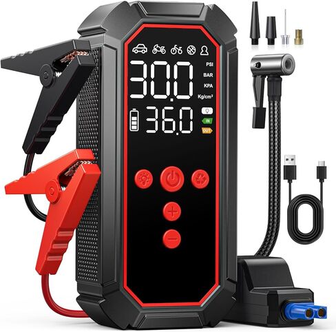 Portable Jump Starter with Air Compressor - 4000A Winter Car Battery Booster for SUVs & Trucks, Road Trip Essential with Tire Inflator & Power Bank for Interstate Travel in Saudi Arabia