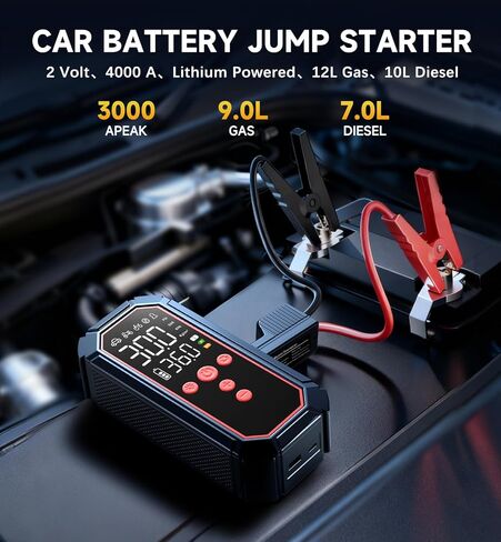 Portable Jump Starter with Air Compressor - 4000A Winter Car Battery Booster for SUVs & Trucks, Road Trip Essential with Tire Inflator & Power Bank for Interstate Travel in Saudi Arabia
