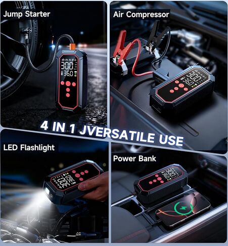 Portable Jump Starter with Air Compressor - 4000A Winter Car Battery Booster for SUVs & Trucks, Road Trip Essential with Tire Inflator & Power Bank for Interstate Travel in Saudi Arabia