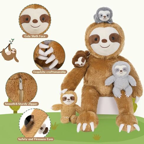Tezituor 5Pcs Sloth Stuffed Animal Set, 22 inch Large Pregnant Stuffed Sloth Plushies with 4 Cute Babies Toy, Realistic Bradypod Plush Body Pillow Birthday Easter Gift Decor for Girl Boy in Saudi Arabia