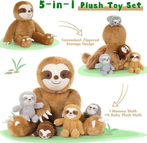 Tezituor 5Pcs Sloth Stuffed Animal Set, 22 inch Large Pregnant Stuffed Sloth Plushies with 4 Cute Babies Toy, Realistic Bradypod Plush Body Pillow Birthday Easter Gift Decor for Girl Boy in Saudi Arabia