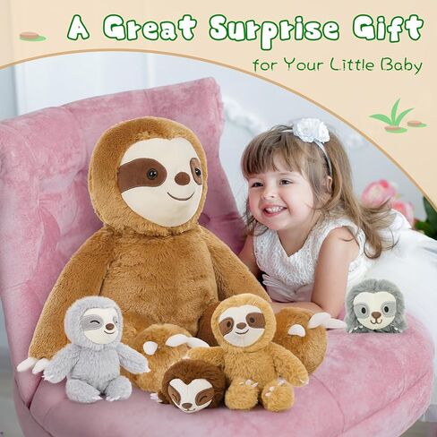 Tezituor 5Pcs Sloth Stuffed Animal Set, 22 inch Large Pregnant Stuffed Sloth Plushies with 4 Cute Babies Toy, Realistic Bradypod Plush Body Pillow Birthday Easter Gift Decor for Girl Boy in Saudi Arabia