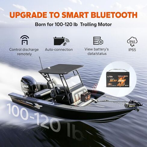 بطارية LiTime 36V 50Ah Lithium Trolling Motor مع شاحن 43.8V 15A، بلوتوث 5.0 وبطارية LiFePO4 للحماية من درجات الحرارة المنخفضة، مدمجة في 50A BMS، 14000+ دورة مثالية للبحرية، RV in Kuwait