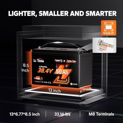 بطارية LiTime 36V 50Ah Lithium Trolling Motor مع شاحن 43.8V 15A، بلوتوث 5.0 وبطارية LiFePO4 للحماية من درجات الحرارة المنخفضة، مدمجة في 50A BMS، 14000+ دورة مثالية للبحرية، RV in Kuwait
