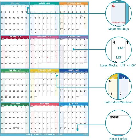 Yearly Wall Calendar 2026-2027 - Large Yearly Calendar Vertical, Jul 2026 - Jun 2027, 25.2" x 38.2" (Open), Calendar 2026-2027, Large Wall Calendar, Full Year Paper Calendar with Notes, Thicker Paper in Kuwait