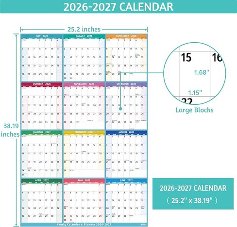 Yearly Wall Calendar 2026-2027 - Large Yearly Calendar Vertical, Jul 2026 - Jun 2027, 25.2" x 38.2" (Open), Calendar 2026-2027, Large Wall Calendar, Full Year Paper Calendar with Notes, Thicker Paper in Kuwait