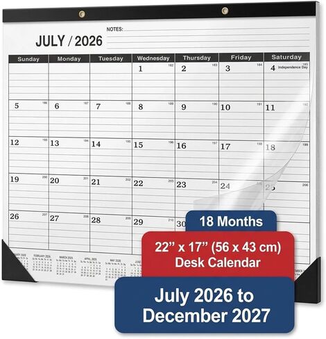 تقويم المكتب 2026-2027 - وسادة مكتب شهرية كبيرة لمدة 18 شهرًا، من يوليو 2026 إلى ديسمبر 2027، تقويم مقاس 22 بوصة × 17 بوصة مع ورق سميك 120 جم، وفتحات تعليق ذهبية وقسم الأهداف للاستخدام المكتبي والمهني in Kuwait