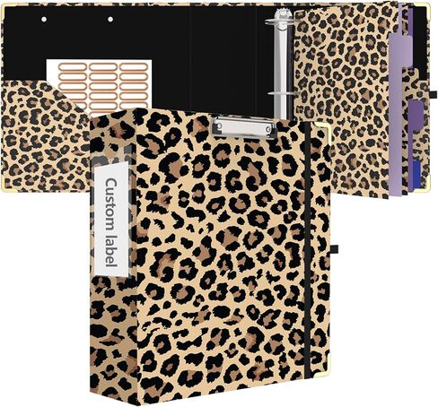 3 Ring Binder 3 Inch Round Ring Binder with 6 Tab Dividers，2 Interior Pockets，Cute Binder Clipboard with Storage, for School Office, Portfolio Organizer with Labels(Cheetah Spots) in Saudi Arabia
