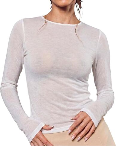 QJQ Women's Sheer Mesh Long Sleeve T Shirts Crewneck See Through Shirts Going Out Party Club Outfits in Saudi Arabia