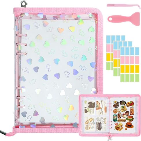 Sticker Storage Organizer Binder A5 Sticker Zipper Photocard Binder Holder Collecting Book Organizing Trading Card Album Holder with Blank Reusable Release Paper Pink(Heart) in Saudi Arabia