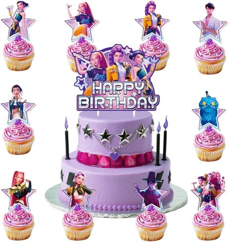 Demon Movie Hunters Birthday Cake Topper, Cute Cake Decorations Include 1Pcs Happy Birthday Cake Topper and 20Pcs Cupcake Topper for Cartoon Party Decorations in Saudi Arabia