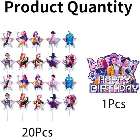 Demon Movie Hunters Birthday Cake Topper, Cute Cake Decorations Include 1Pcs Happy Birthday Cake Topper and 20Pcs Cupcake Topper for Cartoon Party Decorations in Saudi Arabia