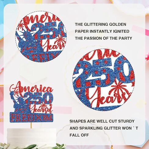 America 250 Years of Freedom Glitter Cake Topper - Patriotic Red & Blue 1776-2026 Decor for USA 250th Anniversary Party Supplies in Kuwait