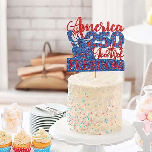 America 250 Years of Freedom Glitter Cake Topper - Patriotic Red & Blue 1776-2026 Decor for USA 250th Anniversary Party Supplies in Kuwait
