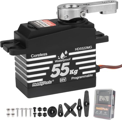 HobbyPark Waterproof RC Servo High Torque 55kg Coreless Motor Standard Size RC Steering Servos HV 4.8-8.4V All Metal Gears for 1/8 1/10 RC Cars Trucks Buggy Robotics Programmable 180° in Kuwait