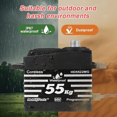 HobbyPark Waterproof RC Servo High Torque 55kg Coreless Motor Standard Size RC Steering Servos HV 4.8-8.4V All Metal Gears for 1/8 1/10 RC Cars Trucks Buggy Robotics Programmable 180° in Kuwait