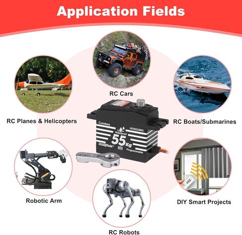 HobbyPark Waterproof RC Servo High Torque 55kg Coreless Motor Standard Size RC Steering Servos HV 4.8-8.4V All Metal Gears for 1/8 1/10 RC Cars Trucks Buggy Robotics Programmable 180° in Kuwait