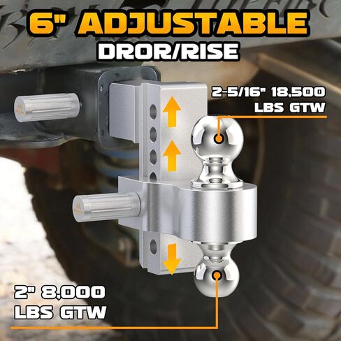 Adjustable Trailer Hitch - Drop Hitch 2.5 Inch Receiver, Heavy Duty Aluminum Tow Hitches with 6" Drop/Rise, (2" & 2-5/16") Chrome Plated Steel Dual Ball Mount, Two Anti-Theft Hitch Pin Locks in Saudi Arabia