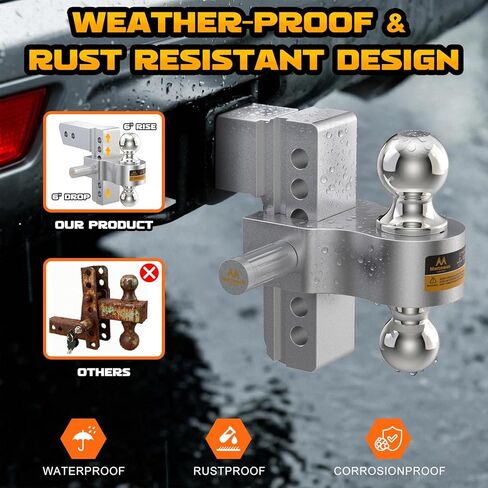 Adjustable Trailer Hitch - Drop Hitch 2.5 Inch Receiver, Heavy Duty Aluminum Tow Hitches with 6" Drop/Rise, (2" & 2-5/16") Chrome Plated Steel Dual Ball Mount, Two Anti-Theft Hitch Pin Locks in Saudi Arabia