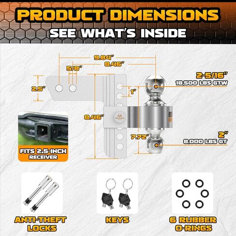 Adjustable Trailer Hitch - Drop Hitch 2.5 Inch Receiver, Heavy Duty Aluminum Tow Hitches with 6" Drop/Rise, (2" & 2-5/16") Chrome Plated Steel Dual Ball Mount, Two Anti-Theft Hitch Pin Locks in Saudi Arabia