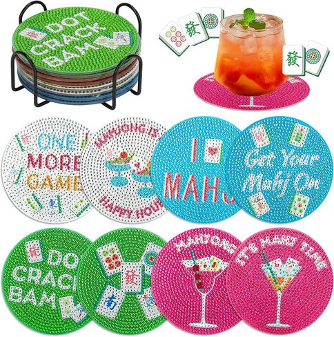 EliteEcho 8 PCS Mahjong Diamond Art Coasters Kit, Diamond Painting Coasters with Holder & Cork Backing, Retro Mah Jong Drink Coasters DIY Craft Kit for Adults, Mahjong Gifts & Party Accessories in Saudi Arabia
