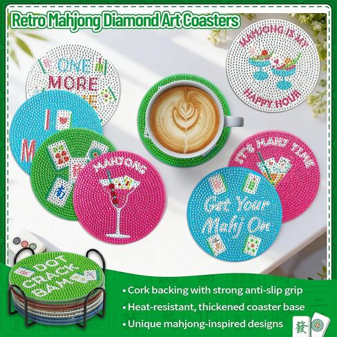 EliteEcho 8 PCS Mahjong Diamond Art Coasters Kit, Diamond Painting Coasters with Holder & Cork Backing, Retro Mah Jong Drink Coasters DIY Craft Kit for Adults, Mahjong Gifts & Party Accessories in Saudi Arabia