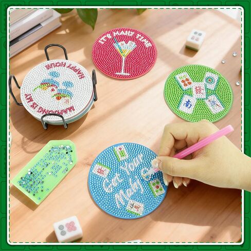 EliteEcho 8 PCS Mahjong Diamond Art Coasters Kit, Diamond Painting Coasters with Holder & Cork Backing, Retro Mah Jong Drink Coasters DIY Craft Kit for Adults, Mahjong Gifts & Party Accessories in Saudi Arabia