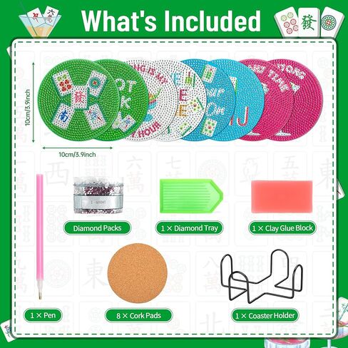 EliteEcho 8 PCS Mahjong Diamond Art Coasters Kit, Diamond Painting Coasters with Holder & Cork Backing, Retro Mah Jong Drink Coasters DIY Craft Kit for Adults, Mahjong Gifts & Party Accessories in Saudi Arabia