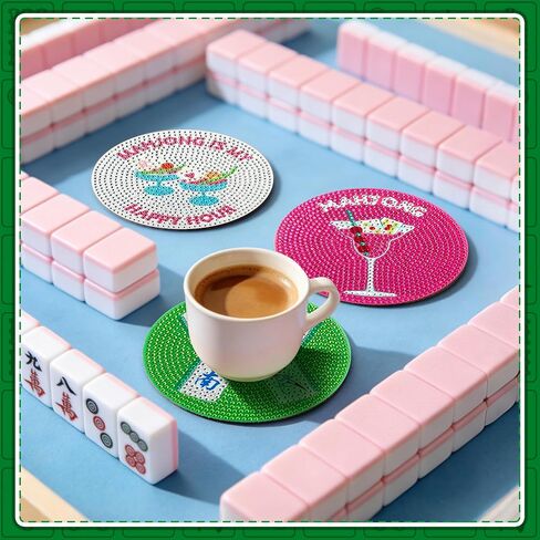 EliteEcho 8 PCS Mahjong Diamond Art Coasters Kit, Diamond Painting Coasters with Holder & Cork Backing, Retro Mah Jong Drink Coasters DIY Craft Kit for Adults, Mahjong Gifts & Party Accessories in Saudi Arabia