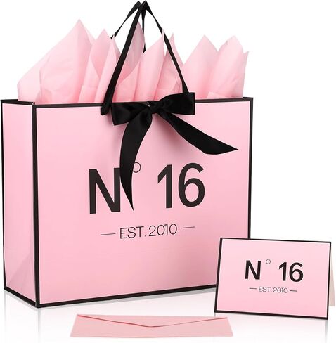 Sweet 16 Gifts for Girls, N°16 EST.2010 Pink sweet 16 Gift Bag with Card Envelope Ribbon Tissue Papers Birthday Decorations Anniversary Party Favors for Daughter Granddaughter Friends in Kuwait