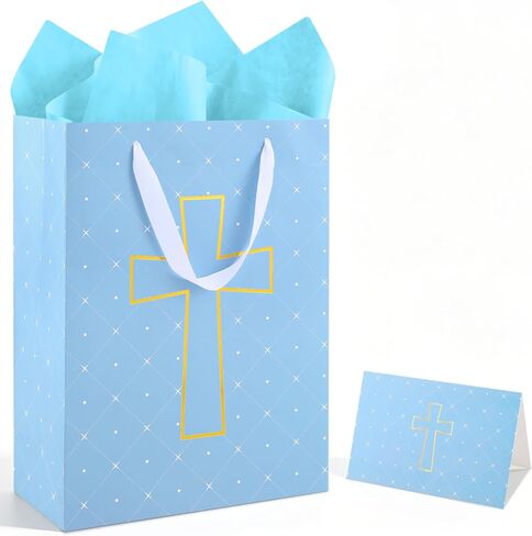 woric Large Baptism Gift Bag, 14" Blue Gift Bag with Cross Design Tissue Paper Card for Baby Boy Baptisms First Communions Christenings Religious Occasion(10" x 5" x 14") in Kuwait
