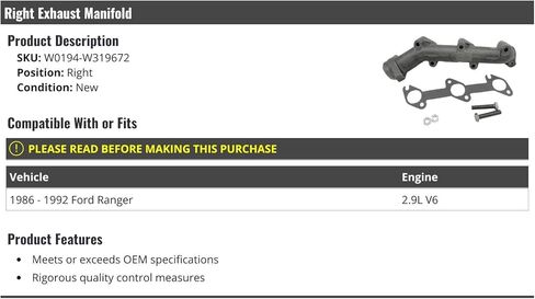 Marketplace Auto Parts Right Passenger Side Exhaust Manifold - Compatible with 1986-1992 Ford Ranger 2.9L V6 in Kuwait