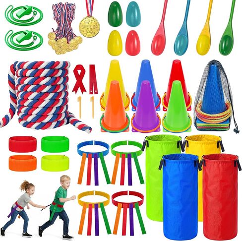 LINAYE Outdoor Field Day Games for Kids Adults, Carnival Lawn Yard Family Reunion Survivor Games Activities Tug of War Rope, Potato Sack Race Bags, Ring Toss,Catch Tail Game Belt for Birthday Party in Saudi Arabia