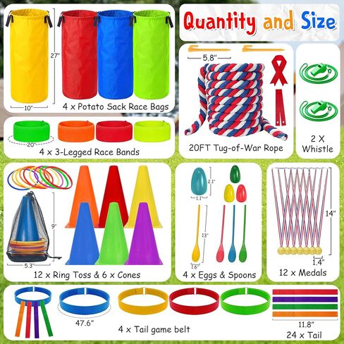LINAYE Outdoor Field Day Games for Kids Adults, Carnival Lawn Yard Family Reunion Survivor Games Activities Tug of War Rope, Potato Sack Race Bags, Ring Toss,Catch Tail Game Belt for Birthday Party in Saudi Arabia
